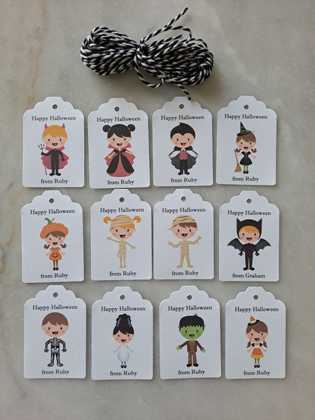 Kid's Personalized Halloween Paper Tags 2" x 1.5", Set of 12 - The Lovely Gift Co