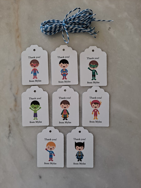 Kid's Personalized Boy Superhero Theme Birthday Paper Tags 2" x 1.5", Set of 12 - The Lovely Gift Co