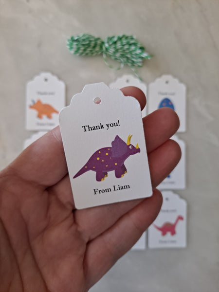 Kid's Personalized Dinosaur Theme Birthday Paper Tags 2" x 1.5", Set of 12 - The Lovely Gift Co