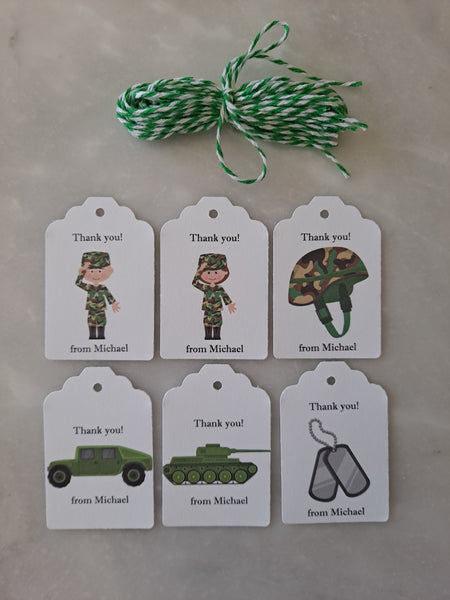 Kid's Personalized Army Theme Birthday Paper Tags 2" x 1.5", Set of 12 - The Lovely Gift Co