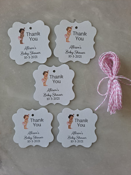 Personalized Baby Girl Shower Paper Tags 2" x 1.5", Set of 12 - The Lovely Gift Co